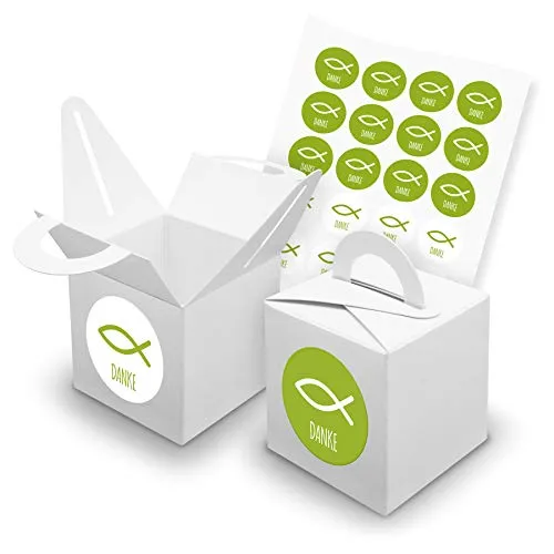 itenga Set Fisch 24x Würfelbox mit Griff inkl Aufkleber Sticker für Gastgeschenke Taufe Kommunion Konfirmation (Grün (mit Text), Karton (Weiß))