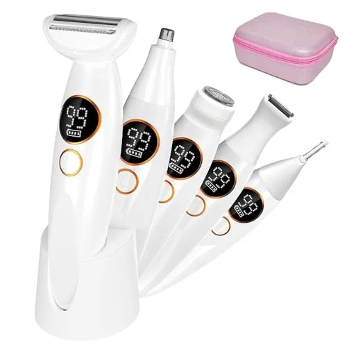 Intimrasierer für Frauen, 5 in 1 Rasierer Damen Elektrisch, Gesichtshaarentferner für Frauen mit USB-Ladestation, IPX7 Wasserdicht Damenrasierer Elektrisch für Intimbereich, Körper, Augenbrauen, Nase