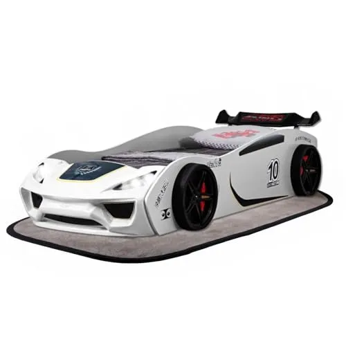 Coemo Autobett Vento Kinderbett 90x200 cm im Rennwagen-Design - Betten für kleine Rennfahrer: Stabil aus MDF mit gratis Lattenrost, LED-Scheinwerfern und einfacher Montage – ideal für aufregende Nächte!