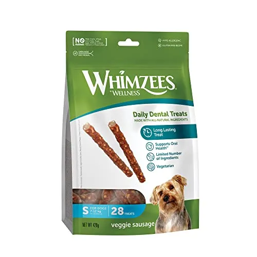 WHIMZEES Veggie-Wurst S, 28 Stück – Größe S, Kaustangen für kleine Hunde zur Zahnpflege, Getreidefrei, Natürlich, ohne Zuckerzusatz