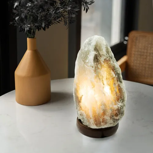 Tischlampe Salzkristall Tischleuchte Holz Schlafzimmerlampe 1 flammig grau E14