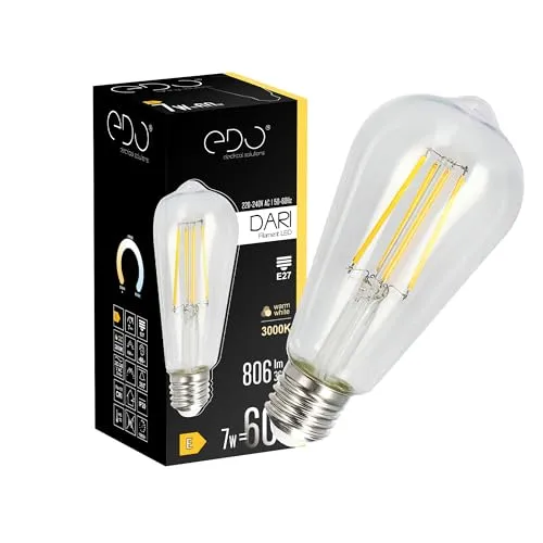 EDO Dekorative Glühbirne LED DARI E27 Filament 7W Warmweiß 3000K 710lm CLEAR ST64 Leuchtmittel Energiesparlampe Lampe Dekorative Ideal für Retro- und Industrial-Design