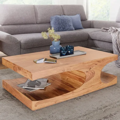 FineBuy Couchtisch Massiv-Holz 120 cm - Landhaus-Stil Beistelltisch in Braun - Eleganter Wohnzimmertisch aus massivem Holz mit einzigartiger Maserung, handgefertigt und ein Unikat. Ideal für ein gemütliches Ambiente im Landhaus-Stil.