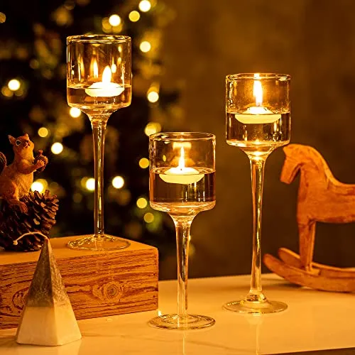 Inweder Teelichthalter kerzenständer kerzenhalter Glas - 3er-Set Kerzenständern Passend Säule und Schwimmende Kerzen Stabkerzenhalter Klarglas Teelicht Halter für Weihnachtsdeko Deko Wohnzimmer