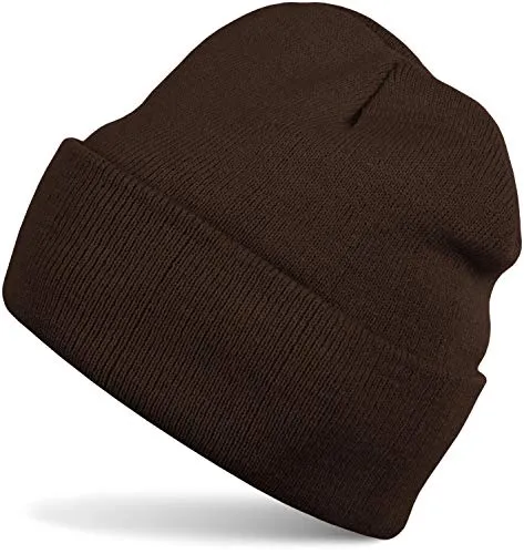 styleBREAKER Unisex Beanie Mütze einfarbig | Klassische Feinstrick Winter Strickmütze mit breitem Umschlag | Elastische Beanie in vielen Farben für Damen und Herren, Farbe:Dunkelbraun