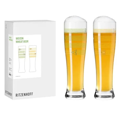 RITZENHOFF Weizenbierglas 500 ml im 2er Set - Ernte Motiv - Hochwertige Hefe-Weizengläser im 2er Set, verziert mit einem charmanten Ernte-Motiv in Grün und Gelb. Ideal für Weißbier und spülmaschinengeeignet, bringen sie ländlichen Flair in dein Zuhause.