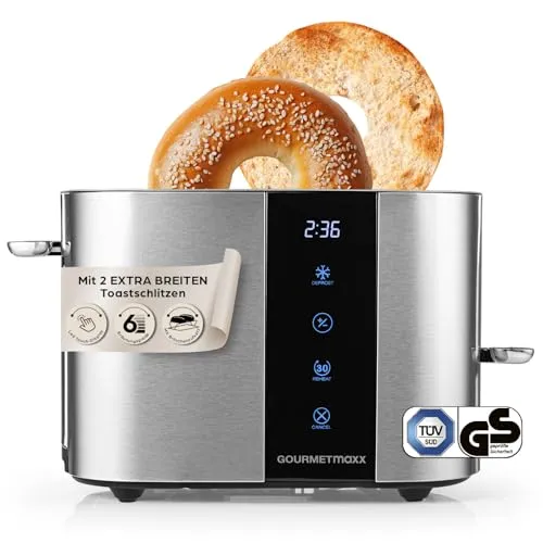 GOURMETmaxx Toaster 2 Scheiben Kurzschlitz mit Touch-Display - Modernes Toaster-Design mit 800 W, 6 Bräunungsgraden und integriertem Brötchenaufsatz – für perfekt knusprigen Toast und einfache Reinigung.