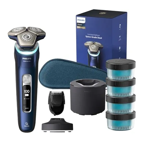Philips Shaver Series 9000 – Elektrischer Nass-und Trockenrasierer für Männer in Blau mit Lift and Cut System, SkinIQ Technologie, ausklappbarem Trimmer, Ladestation und Reisetasche (Modell S9980/74)