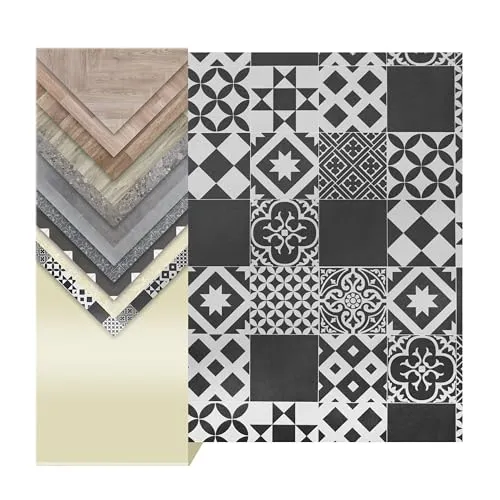 Primaflor PVC Boden Turvo | 200x50 cm | Fliese Lissabon | Schwarz-Weiß-Grau | PVC Bodenbelag Meterware | CV Boden mit Textilrücken | rutschhemmender Vinylboden R10 für Bad, Küche & Büro