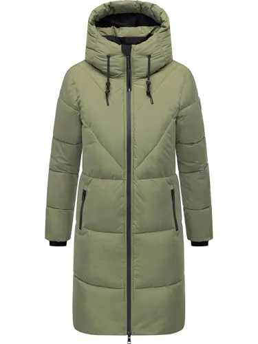 Navahoo Damen Langer Wintermantel warmer Steppmantel mit großer Kapuze und Fleece-gefütterten Kragen Kältekuschel XIV Olive Leaf Gr. M