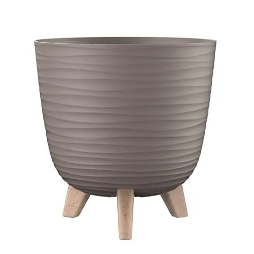Engelland - 1 x Blumentopf mit Füßen & Bewässerungssystem, Braun, Ø 28 cm, Pflanzkübel, Übertopf, Wellenmuster, Innen- & Außenbereich, Drainagesystem & Wasserspeicher, rund, Kunststoff