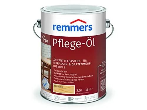 Remmers Pflege-Öl farblos, 2,5 Liter - Wetterfestes Holzöl für innen und außen - Holzöle – Remmers Pflege-Öl schützt Gartenmöbel und Holzterrassen vor Witterungseinflüssen, ist wasserabweisend und feuchtigkeitsregulierend für langlebige Ergebnisse.