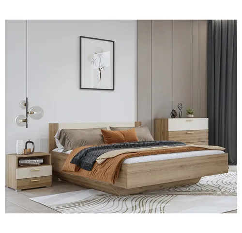 Lomadox Schlafzimmer-Set VARESE-83, (Spar-Set, 3-tlg., Bettgestell klappbarer Lattenrost Kommode Nachtkommode), Eiche mit beige inkl. Lattenrost Bettkasten 180x200cm Liegefläche