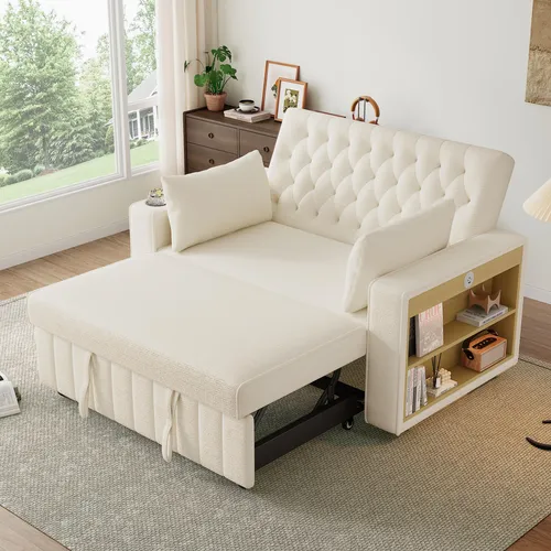Multifunktionales Schlafsofa, modernes Klappsofa mit Stauraum und Schlaffunktion, Getränkehalter, USB-Ladeanschluss und Kissen, platzsparende Couch für Wohnzimmer, Schlafzimmer und Gästezimmer, Beige