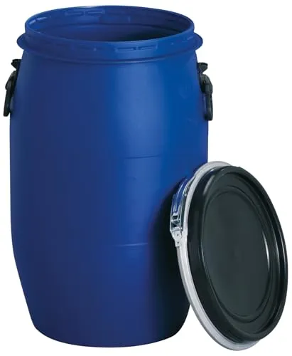 Weithalsfass 60l PE blau mit Tragegriffen - Bewässerung: Robustes 60l Weithalsfass aus schlagfestem Polyethylen, ideal für verschiedene Anwendungen, mit UN-Zulassung und temperaturbeständig von -20 °C bis +40 °C.