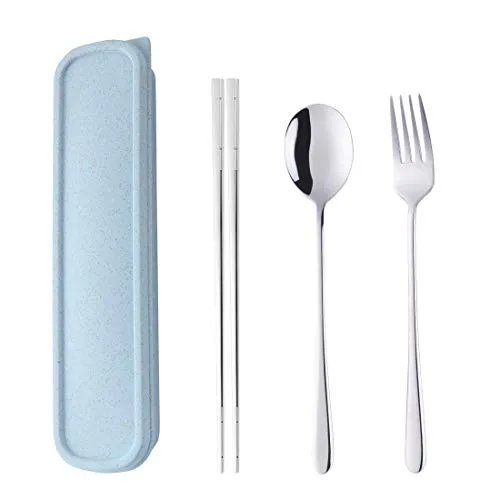 SBOMHS Tragbares Outdoor Reisebesteck set Silber Camping Besteck to go Picknick Schule Büro Lunch Geschirr für 1 person Edelstahl Essstäbchen Lange Tafelgabeln Suppenlöffel Weizenstroh Geschenkbox