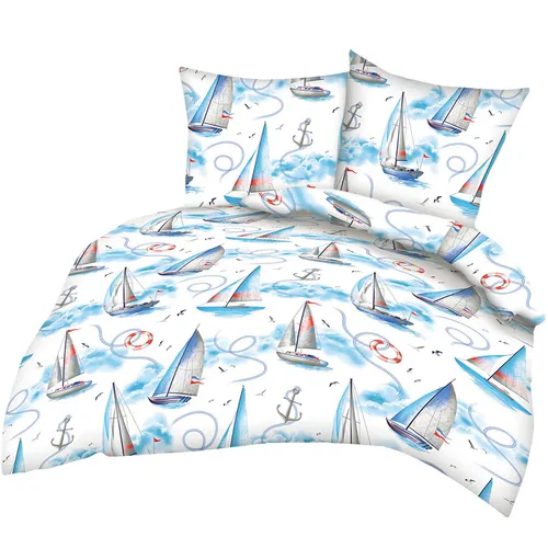 Seersucker Bettwäsche 135x200cm - Maritimes Segelboot Design - Bettwäschegarnitur aus 100% Baumwolle mit maritimem Segelboot-Muster, atmungsaktiv und allergikergeeignet – ideal für alle Jahreszeiten.