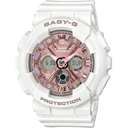 Casio Baby-G BA-130-7A1ER - Weiß/Roségold Chronograph - Chronograph mit Weltzeitfunktion, wasserdicht bis 10 Bar und stoßfest. Ideal für Abenteuer und den Alltag, mit LED-Beleuchtung und 5 Tagesalarmen.