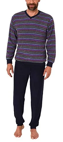 Edler Herren Frottee Schlafanzug Pyjama mit Bündchen in Streifenoptik - 291 101 13 580, Farbe:Marine, Größe2:50