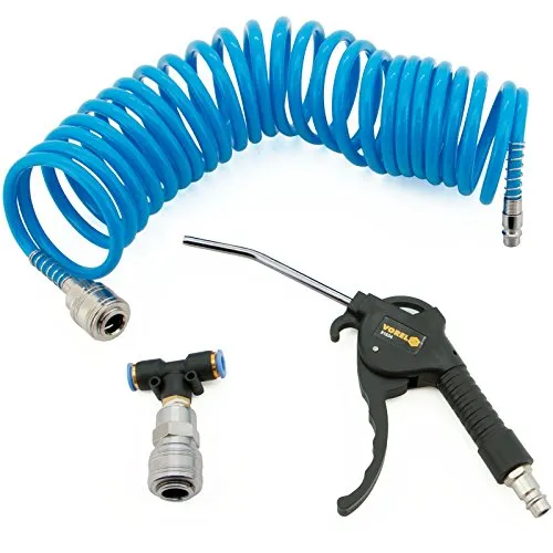 Ausblaspistole Spiralschlauch T-Stück Druckluft- Set 3 Tlg