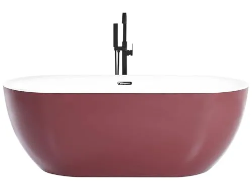 Stilvolle Acryl Badewanne oval freistehend rot 170 x 80 cm - Sanitäranlagen & Zubehör - Elegante Badewanne in strahlendem burgunderrot, ausgestattet mit praktischem Überlaufsystem und ideal für entspannende Momente.