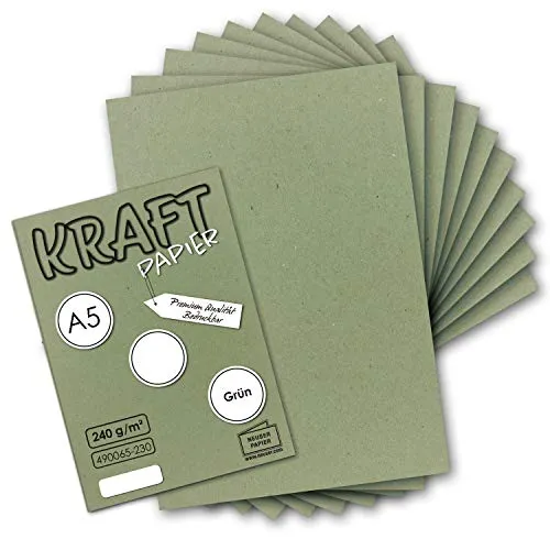 50x Vintage Kraftpapier in Grün - DIN A5-21 x 14,8 cm - nachhaltiges natur-Grünes Recycling-Papier, ökologisch Bastel-Karton Einzel-Karte - NEUSER PAPIER