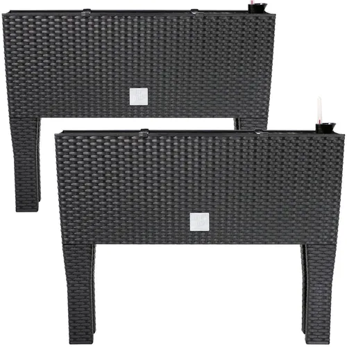 Deuba Blumenkasten mit Bewässerungssystem, 2er Set - Garten-Zubehör mit 30L Hochbeet, UV-beständig aus Polyrattan in Anthrazit für optimale Pflanzenpflege und einfaches Gießen.