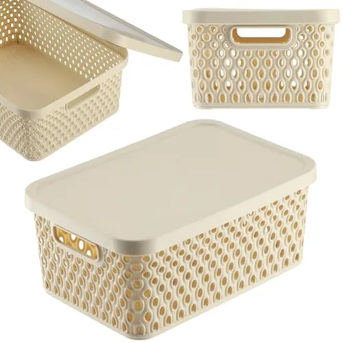 KADAX Aufbewahrungskorb, Korb mit Deckel, Aufbewahrungskiste, Aufbewahrungsbox aus Plastik, Moderner Regalkorb, Behälter mit Lüftungslöchern (4,5L, Beige)