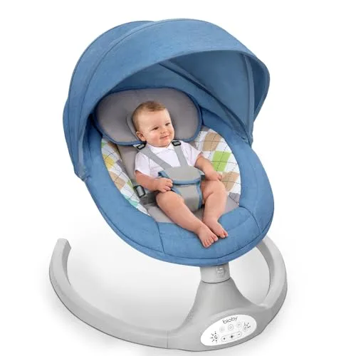 Bioby Elektrische Babywippe | Babyschaukel mit 5-Punkt-Gurt & 5 Schaukelmodi, Leicht & Sicher Wippe Baby Elektronisch mit Bluetooth-Musik & Fernbedienung, für 0-6 Monate (2-9 kg), Blau