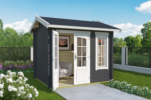 Produktbild Gartenhaus Blockhaus Satteldach 44 mm Alex Mini grau 270x220 cm