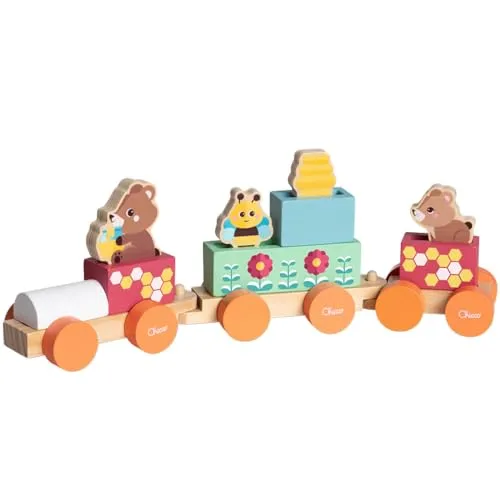 Chicco Holzspielzeug, Teddybär-Zug, Montessori-Spiel, 3 Exklusive Figuren, 5 farbige Blöcke, Zug mit 3 freilaufenden Waggons, Mädchenspielzeug, Kinderspielzeug ab 2 Jahren, Geschenkidee