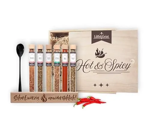 Löffelgeist® Gewürz-Geschenkbox Hot & Spicy - Edle Holzbox mit 6 hochwertigen Gewürzen in XXL-Dosierglasröhrchen. Perfekt für kreative Küchenliebhaber, die scharfe Geschmackserlebnisse schätzen. Stilvoll organisiert für jeden Esstisch.