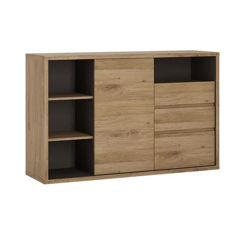 Lomadox Sideboard SELMA-129 in Eiche mit offenen Fächern - Modernes Sideboard in Eichenoptik, 136cm breit. Ideal für stilvolle Raumgestaltung mit grifflosen Türen und praktischem Stauraum. Perfekt für dein Wohnzimmer!