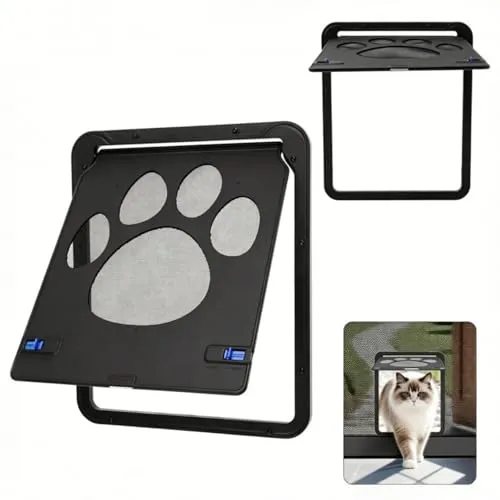 ENJOYING Katzentür für Fliegengitter, Kleine Hundeklappe Fliegengittertür mit Ersatz-Magnetklappe, Haustiertüren für Schiebetüren Fenstertür, Automatisch schließen, Verriegelbar, Schwarz