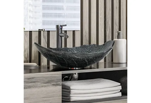 Glas Aufsatzwaschbecken mit Wasserhahn und Ablaufgarnitur von Puluomis