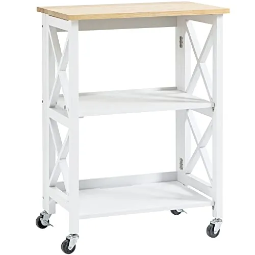 HOMCOM Küchenwagen Küchenrollwagen Servierwagen klappbar mit Regalboden 4 Lenkrollen modern MDF Kautschukholz Weiß 60 x 40 x 84 cm