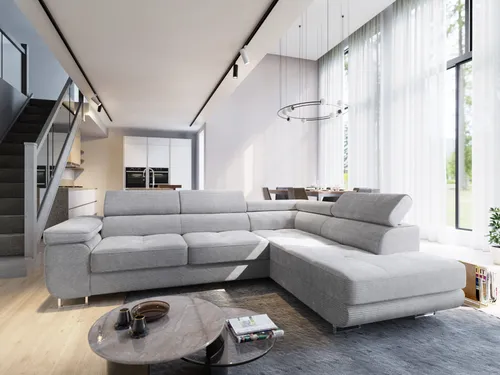 Masseno Ecksofa APIRO R-S mit Schlaffunktion und Bettkasten, L-Form, Hellgrau - Ecksofa APIRO R-S mit praktischer Schlaffunktion und integriertem Stauraum für Bettzeug, ideal für multifunktionale Wohnräume.