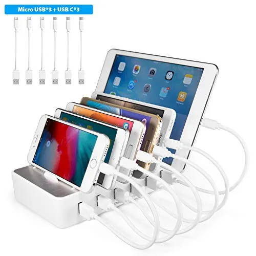 Handy USB Ladestation TechDot Ladestation Mehrere Geräte 6 Port USB Multi Ladestation für Handys Smartphones Tablets (mit 3 Micro USB Kabel und 3 USB C Kabel, Weiß)