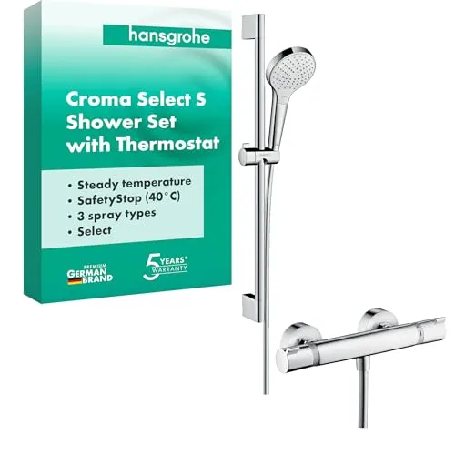 hansgrohe Croma Select S Thermostatset 0,65m - Handbrausen-Set mit 3 Strahlarten für individuelles Duscherlebnis. Genießen Sie die komfortable Temperaturregelung und einfache Reinigung dank QuickClean.