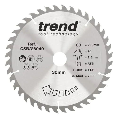 Trend Wood Kreissägeblatt, 260 mm Durchmesser, 30 mm Bohrung, 40 Zähne, 2,3 mm Schnittfuge, +15° Haken, TCT, mittlere Oberfläche, CSB/26040
