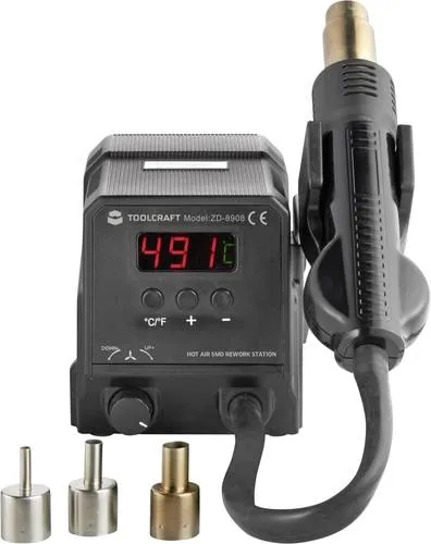 TOOLCRAFT ZD-8908 Heißluftstation digital 300W - Lötgeräte: Ideal zum Bestücken und Entlöten von SMD Bauteilen, mit einstellbarer Temperatur von 100 - 500°C und praktischem Display für präzise Kontrolle.