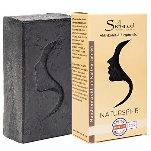 Skineco Naturseife | nachhaltige Ziegenmilchseife mit Aktivkohle | schwarze Seife | Stück Seife gegen fettige unreine Haut | Körperseife | handgemachte Naturkosmetik | Gesicht Reinigung
