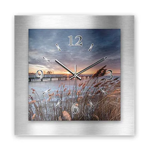Kreative Feder 3D Designer-Wanduhr aus gebürstetem Aluminium leise Wanduhr ohne Ticken quadratisch 40x40cm (Morgensonne, leises Quarzuhrwerk)