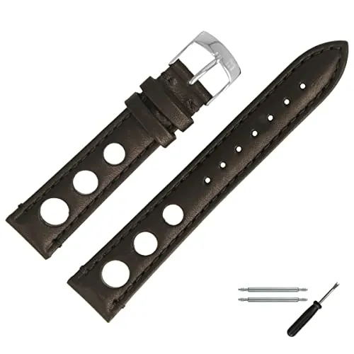 MARBURGER Uhrenarmband 20mm Leder Schwarz Silber Mit Naht - Montage Set 7732010000120