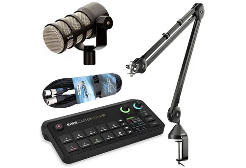 RØDE Rode Rodecaster Video S Produktions-Konsole Podmic Bundle - Kompakte Produktionskonsole für Audio- und Videoproduktion, ideal für Content Creator. Mit intuitiver Steuerung, 2-Zoll-Touchscreen und zahlreichen Anschlüssen für maximale Flexibilität.