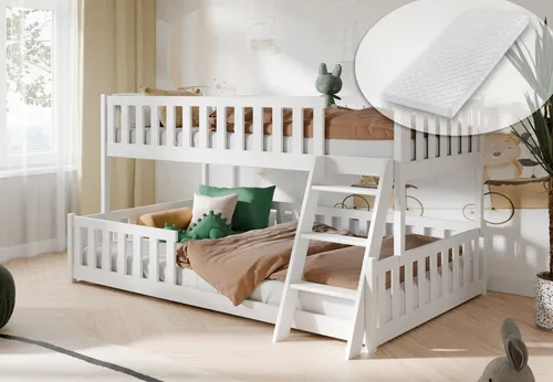 Kids Collective Etagenbett 90x200 / 120x200 mit Rausfallschutz und 2 Matratzen - Kompaktes Etagenbett für Kinder und Jugendliche, ideal für Geschwisterzimmer. Mit stabiler Leiter, Rausfallschutz und wasserbasierter Lackierung für Sicherheit und Langlebigkeit. Platzsparendes Design mit zwei Liegeflächen.