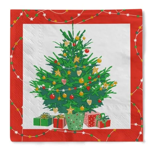 HAPPY PAPER Weihnachtsserviette ELEGENT TREE aus 3-lagigem Tissue, 1/4 Falz, 33x33cm, 20 Stück – geschmückter Weihnachtsbaum Geschenke