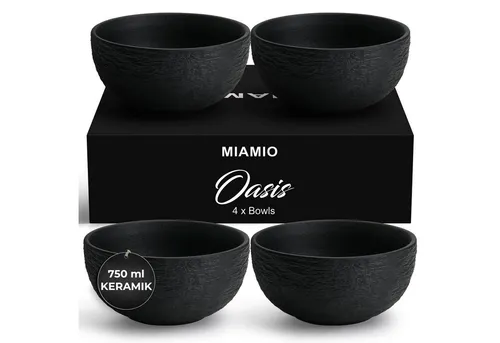MiaMio 4er Schüssel Set - Keramik Müslischüssel Oasis Collection - Elegantes 4-teiliges Set aus hochwertiger Keramik, ideal für Müsli oder Snacks, mit einem Fassungsvermögen von 750 ml in stilvollem Schwarz.