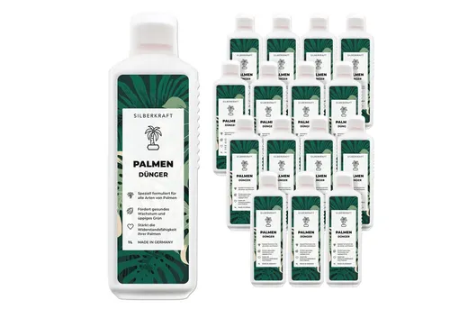 Silberkraft Pflanzendünger Palmendünger flüssig – Spezialdünger für Palmen, Yucca & Zimmerpalmen, 16-St., 16 x 1 L, Spezialdünger für Palmen, Für sattes Grün & starke Wurzeln – Chloridarm & pflanzenschonend