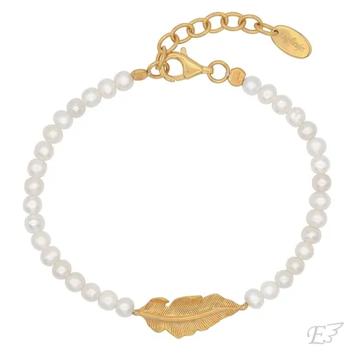 Engelsrufer Damen Armband mit Feder Anhänger und Süßwasserperlen - Elegantes Armband aus vergoldetem Sterling Silber, mit echten Süßwasserperlen und einem goldenen Feder Anhänger. Längenverstellbar von 17 bis 20 cm, ideal für Allergiker, da nickelfrei.